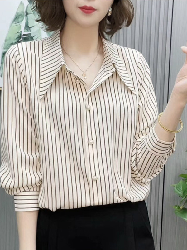 Women Fashion Over 60 - قميص ربيعي صيفي رقيق فضفاض بأكمام