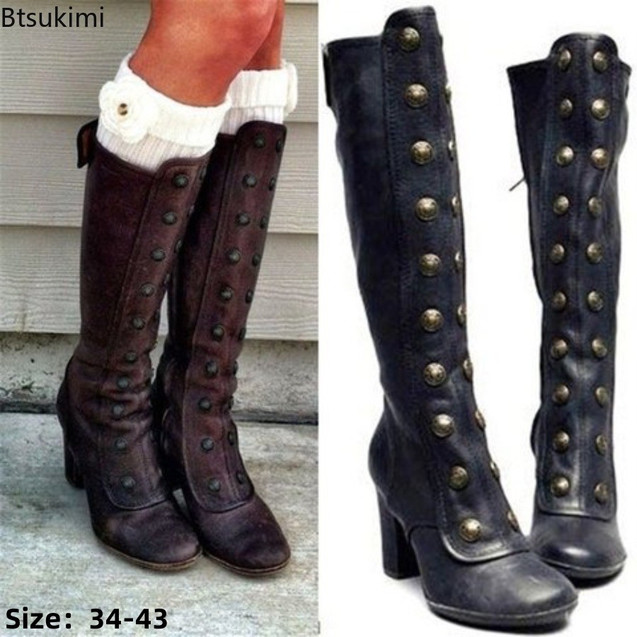 Women'S Fashion Knee High Boots - أحذية نسائية سوداء عصرية بتصميم ريترو