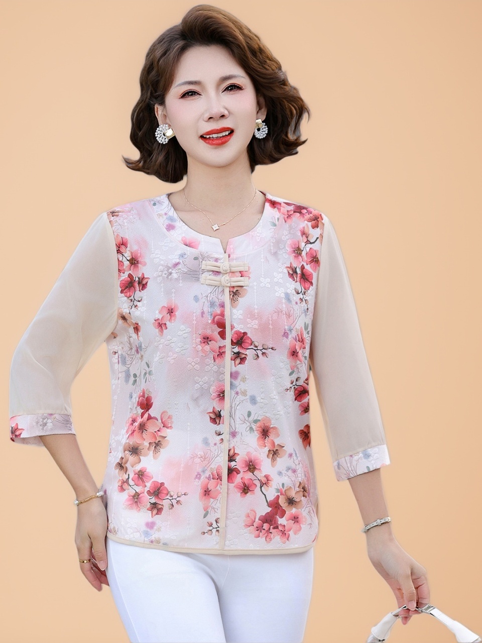 Women Fashion Over 60 - قميص حرير فضفاض بأسلوب صيني جديد