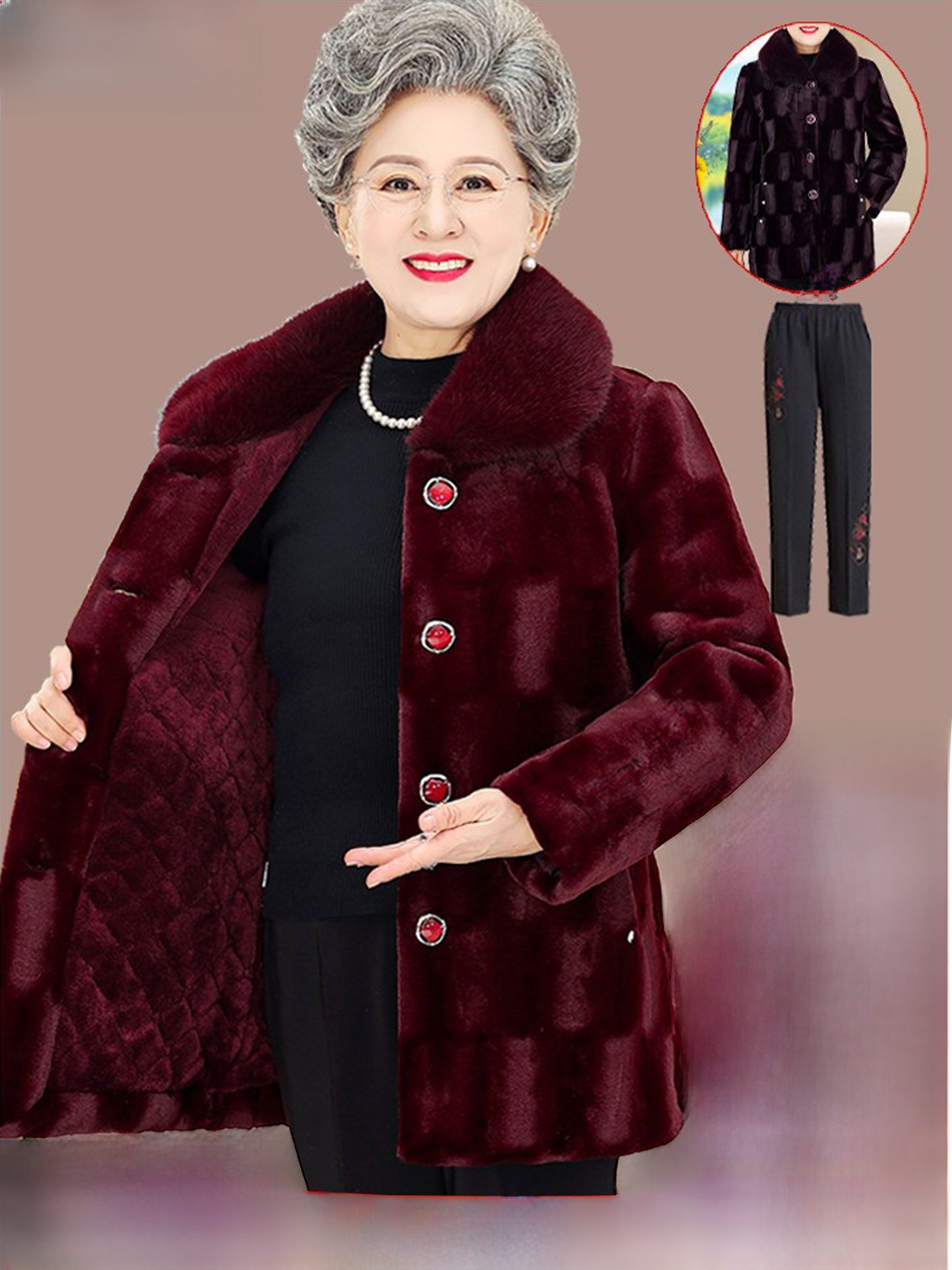 Women Fashion Over 60 - معطف مخملي سميك متوسط الطول للنساء